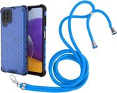 Voor Samsung Galaxy A22 4G Schokbestendige Honingraat PC + TPU Case met Nekkoord (Blauw)
