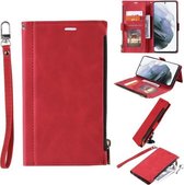 Voor Samsung Galaxy Note20 Ultra Side Zipper Back Card Horizontale Flip PU Leather Case met Kaartsleuven & Portemonnee & Fotolijst & Lanyard (Rood)