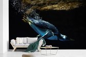 Behang - Fotobehang Een pinguïn zwemt in het donkere water - Breedte 360 cm x hoogte 240 cm