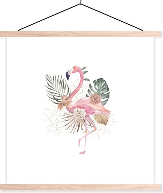 Posterhanger incl. Poster - Schoolplaat - Flamingo - Bladeren - Bloemen - Tekening - 40x40 cm - Blanke latten