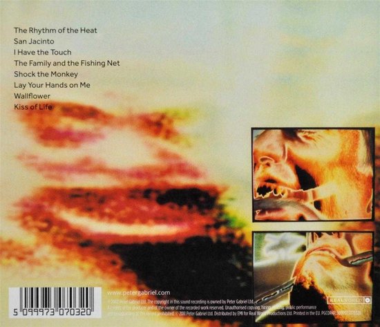 Albumhoes met tekst 'The Rhythm of the Heat' en barcode. Inzetfoto's van gezichten.