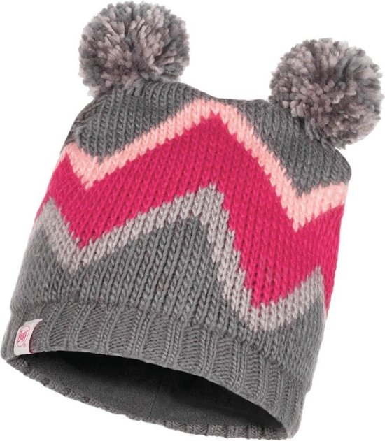 Poolse Muts Buff - Gebreide Polar Muts Arild met pompoms voor kinderen - Grijs/Roze ...