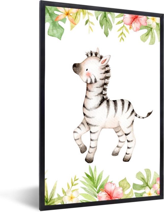 Fotolijst incl. Poster - Zebra - Jungle - Bloemen - Planten - 80x120 cm - Posterlijst