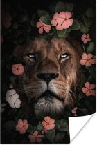 Poster Jungle - Leeuw - Bloemen - Roze - 80x120 cm