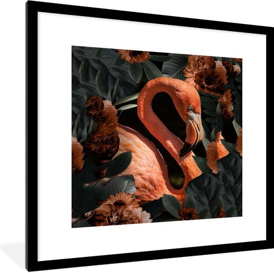 Fotolijst incl. Poster - Flamingo - Vogel - Bloemen - Bladeren - 40x40 cm - Posterlijst