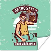 Poster Radio - Man - Skateboard - Retro - 50x50 cm - Vaderdag cadeau - Geschenk - Cadeautje voor hem - Tip - Mannen