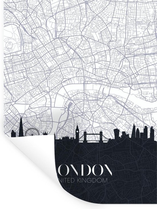Muurstickers - Sticker Folie - Kaart - Londen - Skyline - Zwart - Wit - 60x80 cm - Plakfolie - Muurstickers Kinderkamer - Zelfklevend Behang - Zelfklevend behangpapier - Stickerfolie