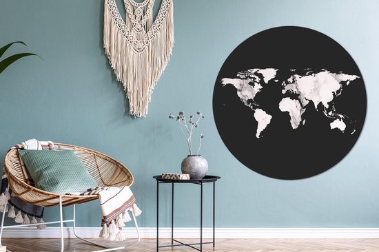 WallCircle - Wandcirkel - Muurcirkel - Wereldkaart - Zwart Wit - Marmer - Aluminium - Dibond - ⌀ 140 cm - Binnen en Buiten