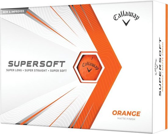 Doos met Callaway Supersoft oranje golfballen. Mat finish.