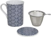 mok met theezeef 280 ml porselein blauw/wit 3-delig