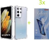Shockproof Hoesje Geschikt voor: Samsung Galaxy S21 Ultra - Anti Shock Silicone Bumper - Transparant + 3X Tempered Glass Screenprotector