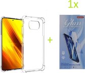 Hoesje Geschikt voor: Xiaomi POCO X3 / X3 Pro - Anti Shock Silicone Bumper - Transparant + 1X Tempered Glass Screenprotector