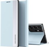 Voor Samsung Galaxy Note20 Ultra Side Gegalvaniseerde Magnetische Ultradunne Horizontale Flip Lederen Case met Houder (Lichtblauw)