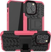 Bandtextuur Schokbestendig TPU + pc-beschermhoes met houder voor iPhone 13 Pro Max (roze)