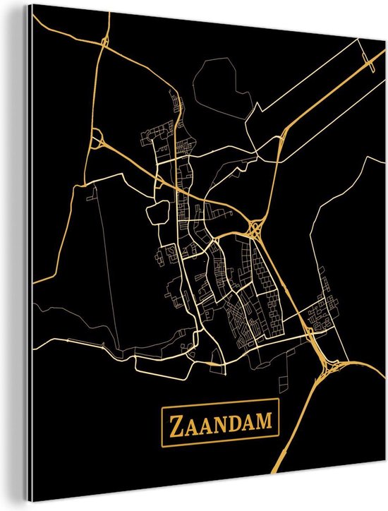 Décoration murale Métal - Peinture Aluminium Industriel - Carte - Zaandam - Zwart - Or - 20x20 cm - Dibond - Photo sur aluminium - Décoration murale industrielle - Pour le salon/chambre