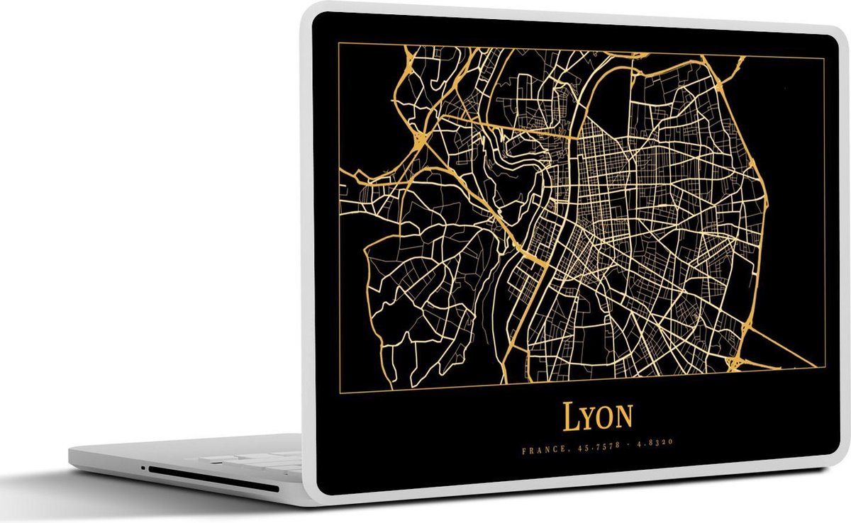 Laptop sticker - 13.3 inch - Kaart - Lyon - Zwart - Goud - 31x22,5cm - Laptopstickers - Laptop skin - Cover