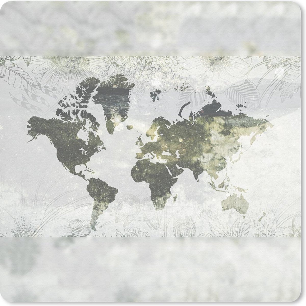 Muismat 20x20 cm - Mousepad Wereldkaart - Bloem - Grijs - Muismatten