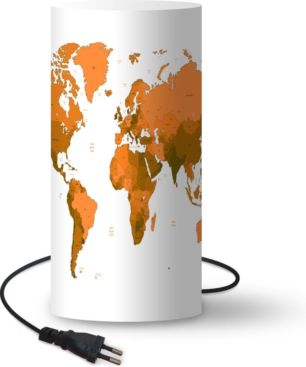 Lamp - Nachtlampje - Tafellamp slaapkamer - Wereldkaart - Oranje - Simpel - 33 cm hoog - Ø15.9 cm - Inclusief LED lamp