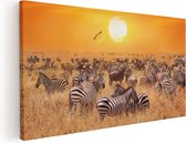 Artaza Canvas Schilderij Kudde Zebra's Bij Een Oranje Zonsondergang - 100x50 - Groot - Foto Op Canvas - Canvas Print