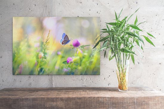 Artaza Peinture sur toile Papillon bleu près d'une Bloem violette – 30 x 20 – Klein – Photo sur toile – Impression sur toile