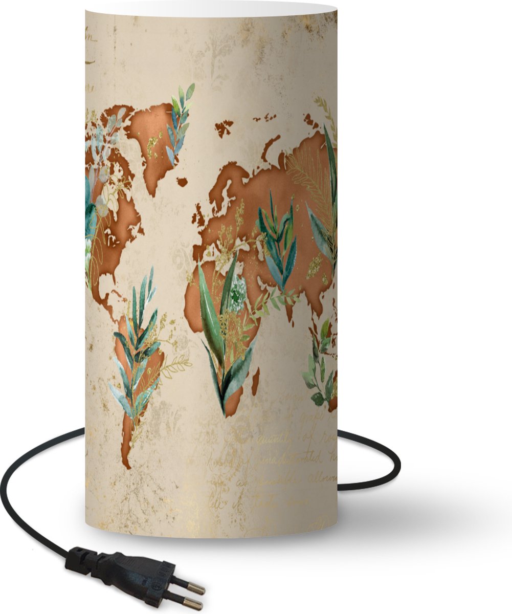Lamp - Nachtlampje - Tafellamp slaapkamer - Wereldkaart - Papyrus - Planten - 54 cm hoog - Ø24.8 cm - Inclusief LED lamp