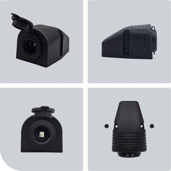 Zwart opbouw stopcontact met klepje, sluiting "LOCK POINT", en zijaanzicht.