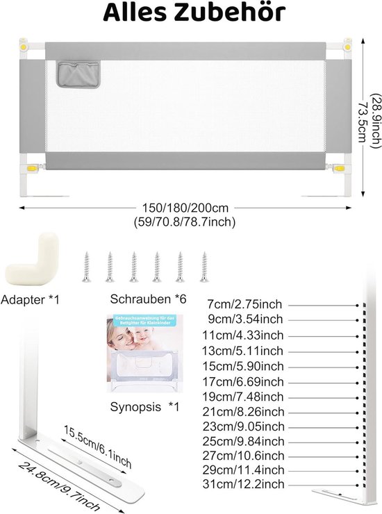 Barrière de lit 180 cm pour enfant - Montage rapide - Réglable en hauteur - Barrière de lit enfant pour lits enfants et lits parents - Barrière de lit NesriToy