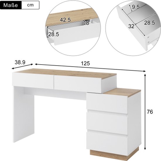 Bureau, met opbergkast en open plank, lades Eenvoudige kaptafel voor slaapkamer, 39-inch moderne thuisstudiecomputer Des (wit tafel stoel