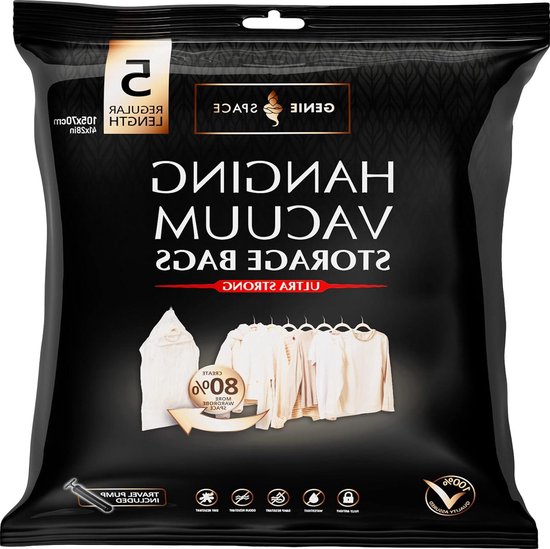 Zeer Sterke Premium Ruimtebesparende Hangende Vacuum Zakken - Set van 5 Standaard Zakken (105x70cm) - Luchtdicht & Herbruikbaar - Creëer 80% meer