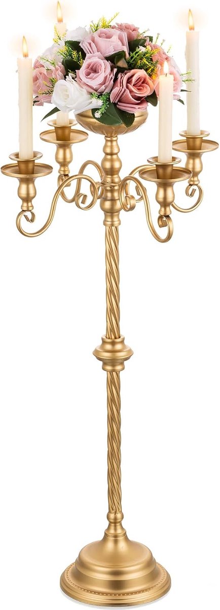 Kandelaar 5-armige gouden bloemenstandaard, 85 cm kaarsenhouder voor staafkaarsen, vintage kandelaar, metalen decoratieve eettafel, middenstuk voor bruiloft, receptie, Kerstmis, jubileum