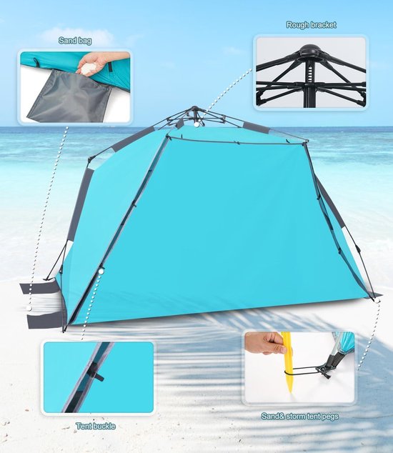 Strandschelptent voor 3-4 personen - pop-up strandtent met zonnezeil - UPF 50+ uv-bescherming - waterdicht - blauwe strandtent voor gezinnen Beach Tent van SAUERLAND — afbeelding 5