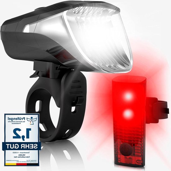 Velmia Led-fietsverlichtingsset, StVZO-goedgekeurd met USB-batterijwerking en 8,5 uur lichtduur, regenbestendig en oplaadbaar licht, fietsaccessoires, voor- en achterlicht