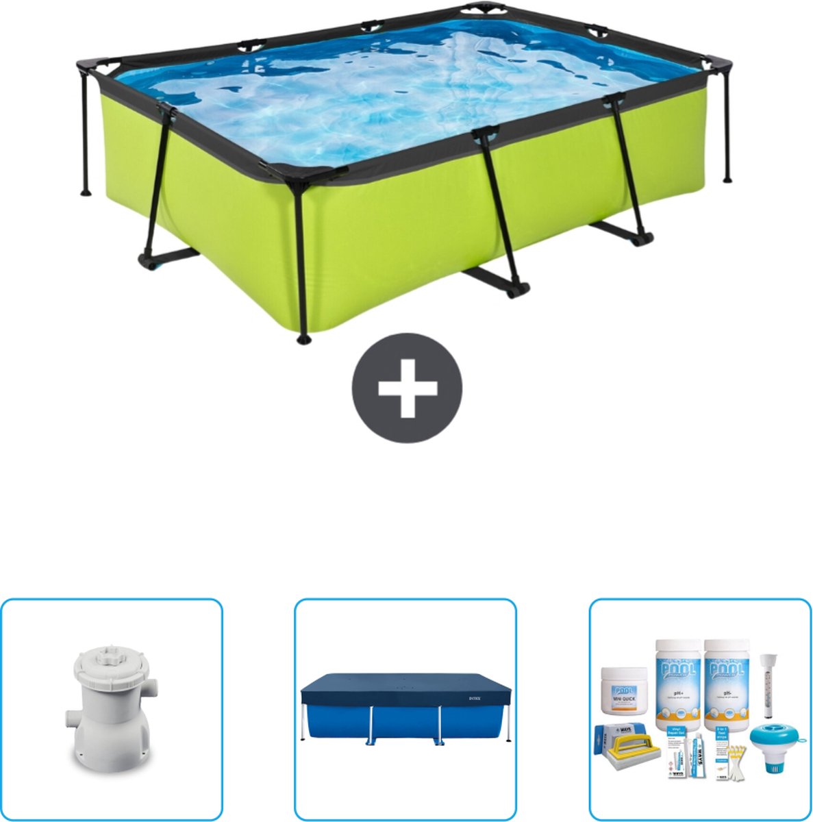 EXIT Rechthoekig Lime Frame Zwembad - 220 x 150 x 65 cm - Inclusief Pomp - Afdekzeil - Onderhoudspakket - Nu extra voordelig