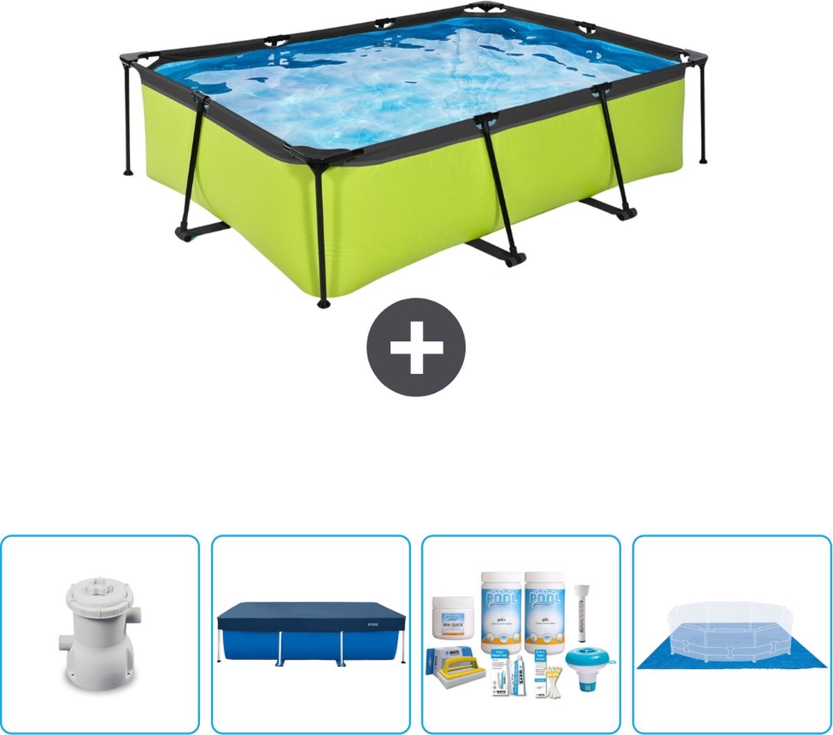 EXIT Rechthoekig Lime Frame Zwembad - 220 x 150 x 65 cm - Inclusief Pomp Afdekzeil - Onderhoudspakket - Grondzeil - Nu extra voordelig