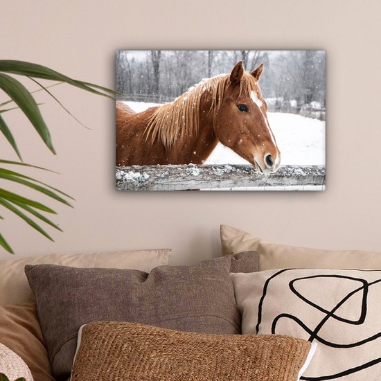 Tableau sur toile Cheval - Flocon de neige - Clôture - Hiver - 30x20 cm - Décoration murale
