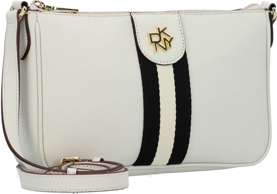 Offwhite schoudertas met verticale zwarte, witte en gouden strepen en DKNY logo.