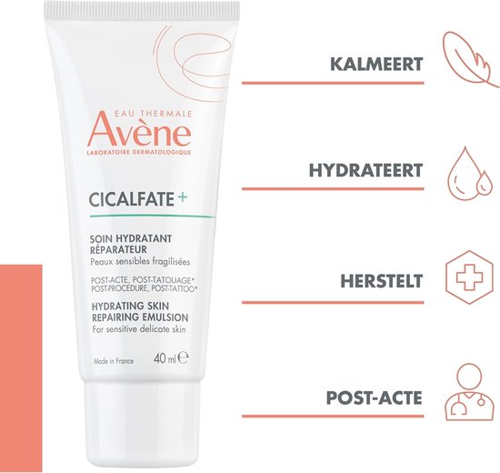 Witte tube Avene Cicalfate+ met illustraties: veer, druppel, kruis, arts. Tekst: Kalmeert, Hydrateert, Herstelt, Post-acte.