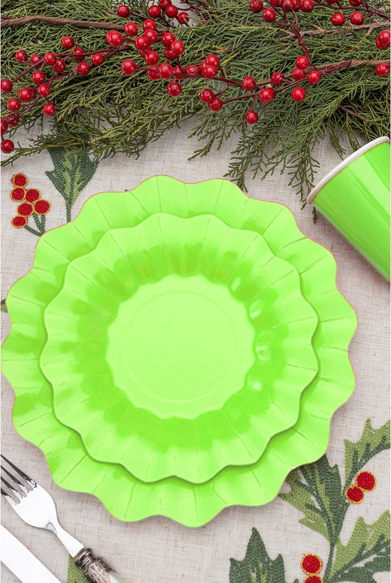 Givi Italia Assiettes de fête/assiettes à gâteaux - bord festonné - 40x - vert citron - rond - papier/ karton - 27 cm - fête d'enfants