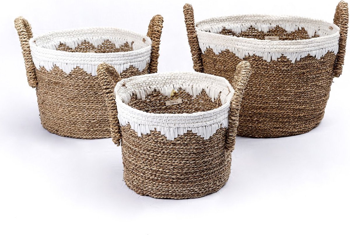 WAIGEO Ronde Zeegras Mand – Was- & Opbergmand met Witte Koorden (M)