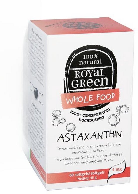 Doos met Royal Green Astaxanthine, 60 softgels. Gekweekt met zorg in een schone omgeving op Hawaii.