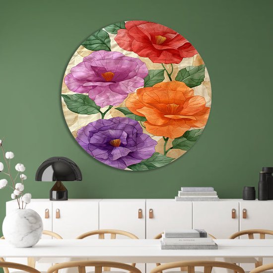 Panneau mural Fleurs - Décoration murale nature ronde - Décoration murale ronde feuilles - Décoration murale campagne - Écailles murales - Art mural cercle forex 60x60 cm