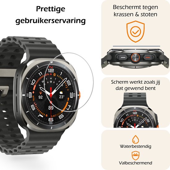Nomfy screenprotector voor Samsung Galaxy Watch Ultra: beschermt tegen krassen en stoten, behoudt schermhelderheid en aanraakgevoeligheid, waterbestendig.