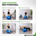 Vier situaties met een blauwe Tunturi fitnessbal: zithouding op kantoor, flexibiliteit, zwangerschap en training.