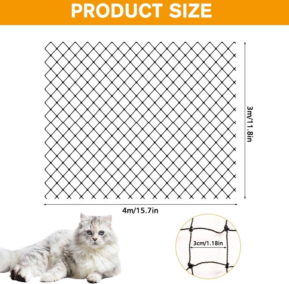 Kattennet voor balkon, 4 x 3 m, kattennet, draadversterkt, zwart, met 15 m bevestigingskoord en accessoires, kattenbeschermingsnet voor ramen, terras