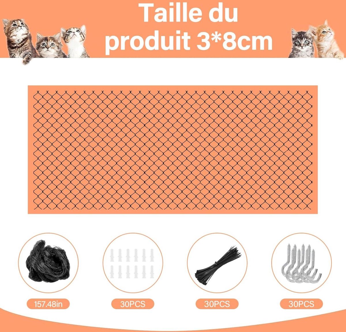 Xyvor Kattennet voor Balkon 6 x 3 m, Kattenbeschermingsnet UV-Bestendig Weerbestendig, Balkonnet voor Katten Zonder Boren, met Bevestigingstouw en Spijkers, voor Balkon Raam Terras (Zwart