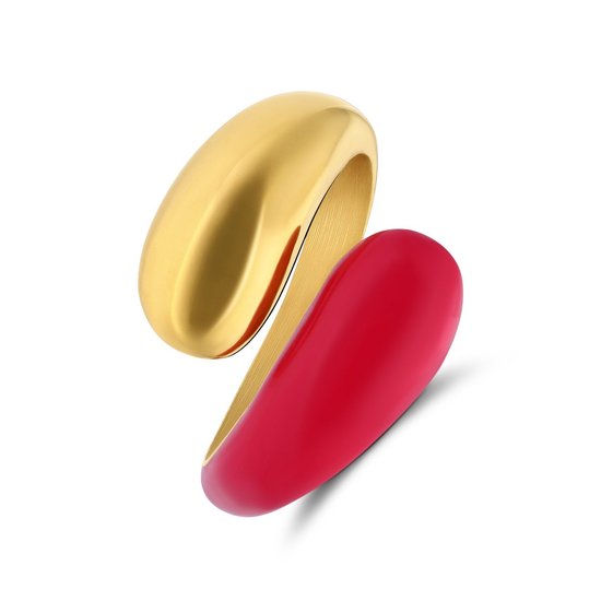 Lucardi Dames Stalen goldplated ring met roze emaille - Ring - Staal - Goud - 15 / 47 mm