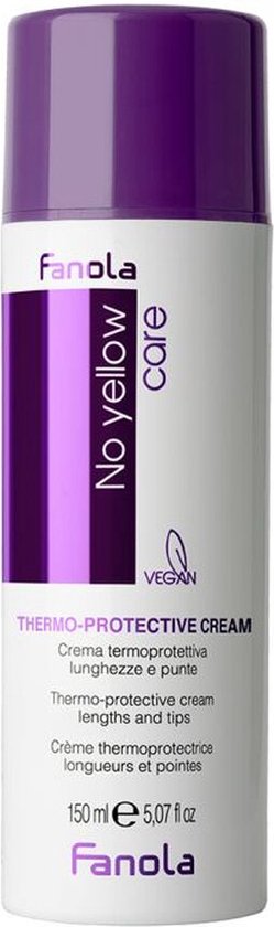 Fles met paarse dop, witte body met paarse verticale streep en tekst 'No yellow care'. Thermoprotective cream.