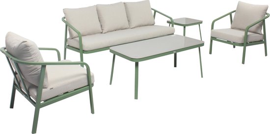 Oviala Patio Modulaire Lage Gestreepte Tuinset Voor 5 Personen Beige