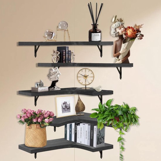 MOUMOUTEN Étagère d'angle flottante en bois en forme d'éventail avec ficelle pour ranger des cadres photo, des livres, des pots de fleurs ou d'autres décorations (blanc