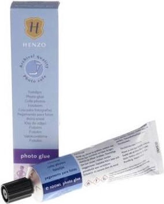 Henzo fotolijm tube en doosje, 100ml. De tube is blauw met witte tekst, het doosje is blauw met tekst en een logo.